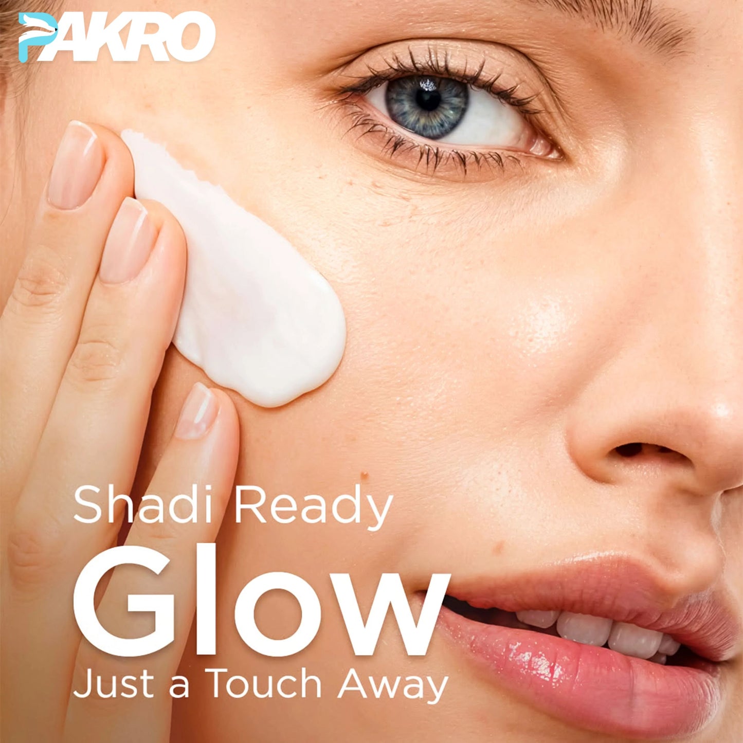 Woman applying cream to her face with text 'Shadi Ready Glow Just a Touch Away' and 'AKRO' logo.