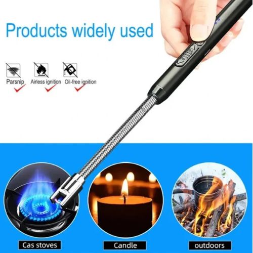 Hand holding a long lighter with images of its use on gas stoves, candles, and outdoors.