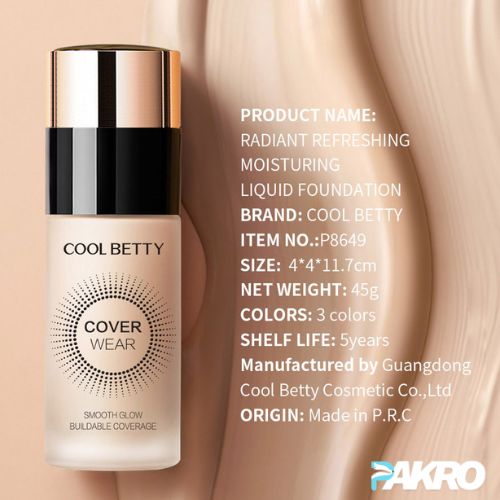 Cool Betty liquid foundation bottle with product details on a beige background