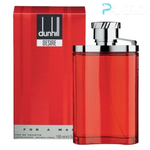 Red Dunhill Desire perfume bottle and packaging on a white background