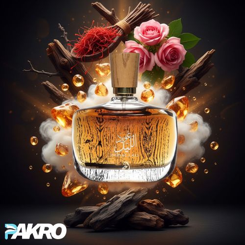 Perfume bottle with floral and wooden elements on a dark background, featuring the brand 'PAKRO'.
