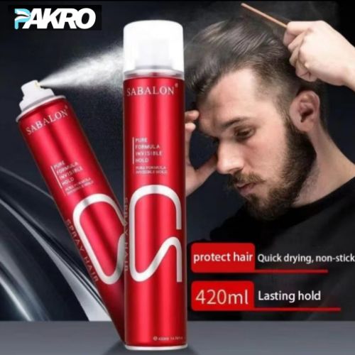 Two red hair spray cans with a man styling his hair, featuring the brand 'Sabalon'.