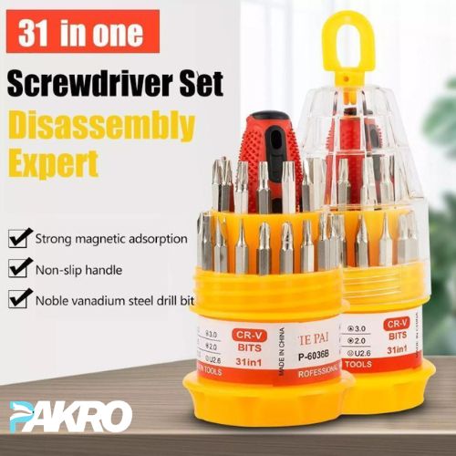 31-in-one screwdriver set with various bits in a clear plastic case on a wooden surface, featuring the brand 'PAKRO'.