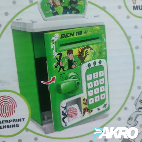 Electric Locker ATM Machine For Kids - Money Saving Box - Green toy cash register with Ben 10 branding on a white background