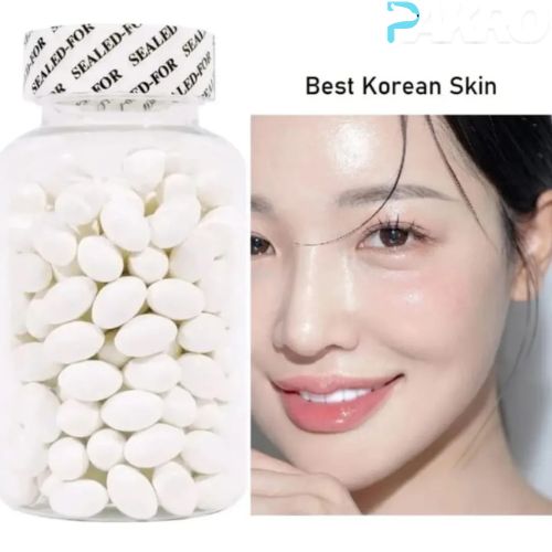 Collage of a bottle of white capsules and a close-up of a woman's face with the text 'Best Korean Skin'.