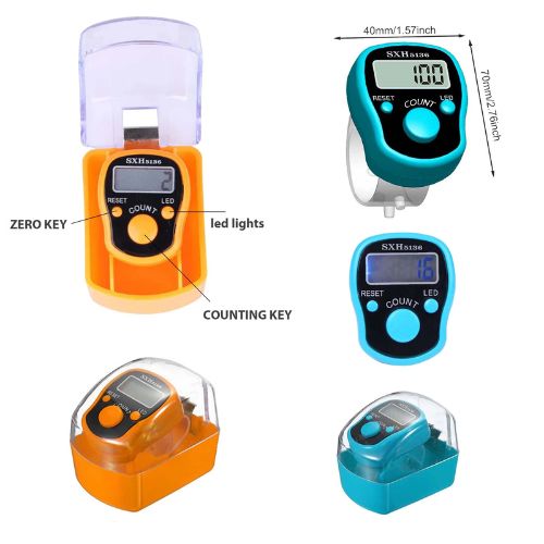 Digital hand counter with labeled parts on a white background - Digital 5-Digits Tally Finger Counter with Led & Box