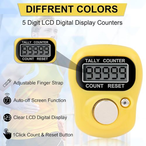 Yellow tally counter with digital display and features listed on a white background, Portable LCD Digital Counter Tasbih - Finger Ring Counter