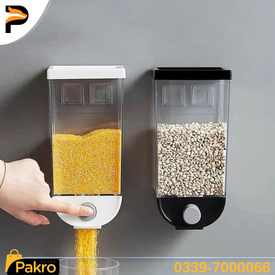Two wall-mounted grain dispensers with one being filled by a hand