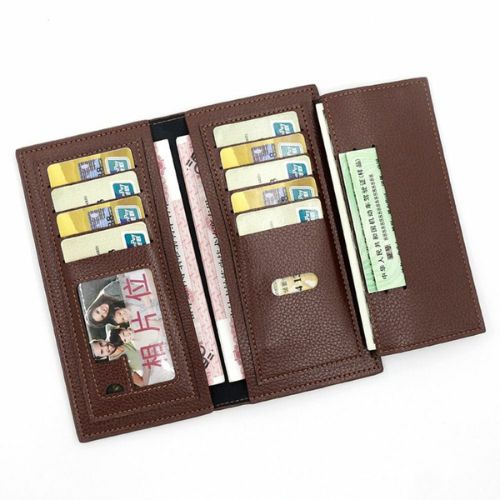Brown leather wallet with multiple card slots and a photo window on a white background