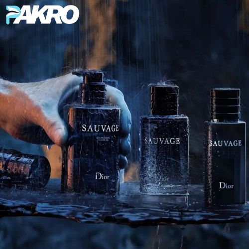 Dior Sauvage perfume bottles with a hand holding one, set against a dark background.