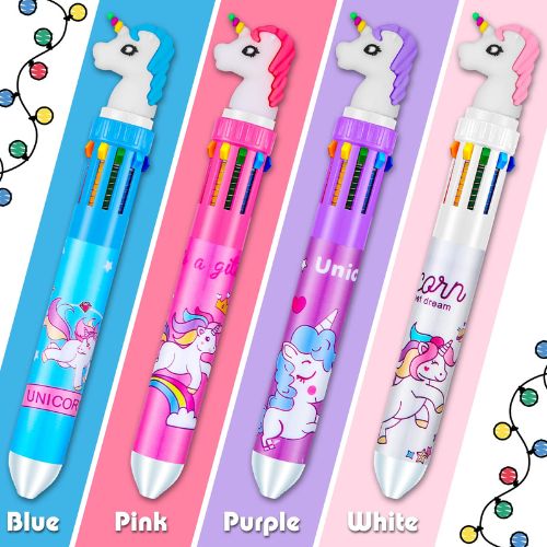 Unicorn 10-in-1 Multi-color Ballpoint Pen for Kids - Four colorful pens with unicorn designs on a gradient background