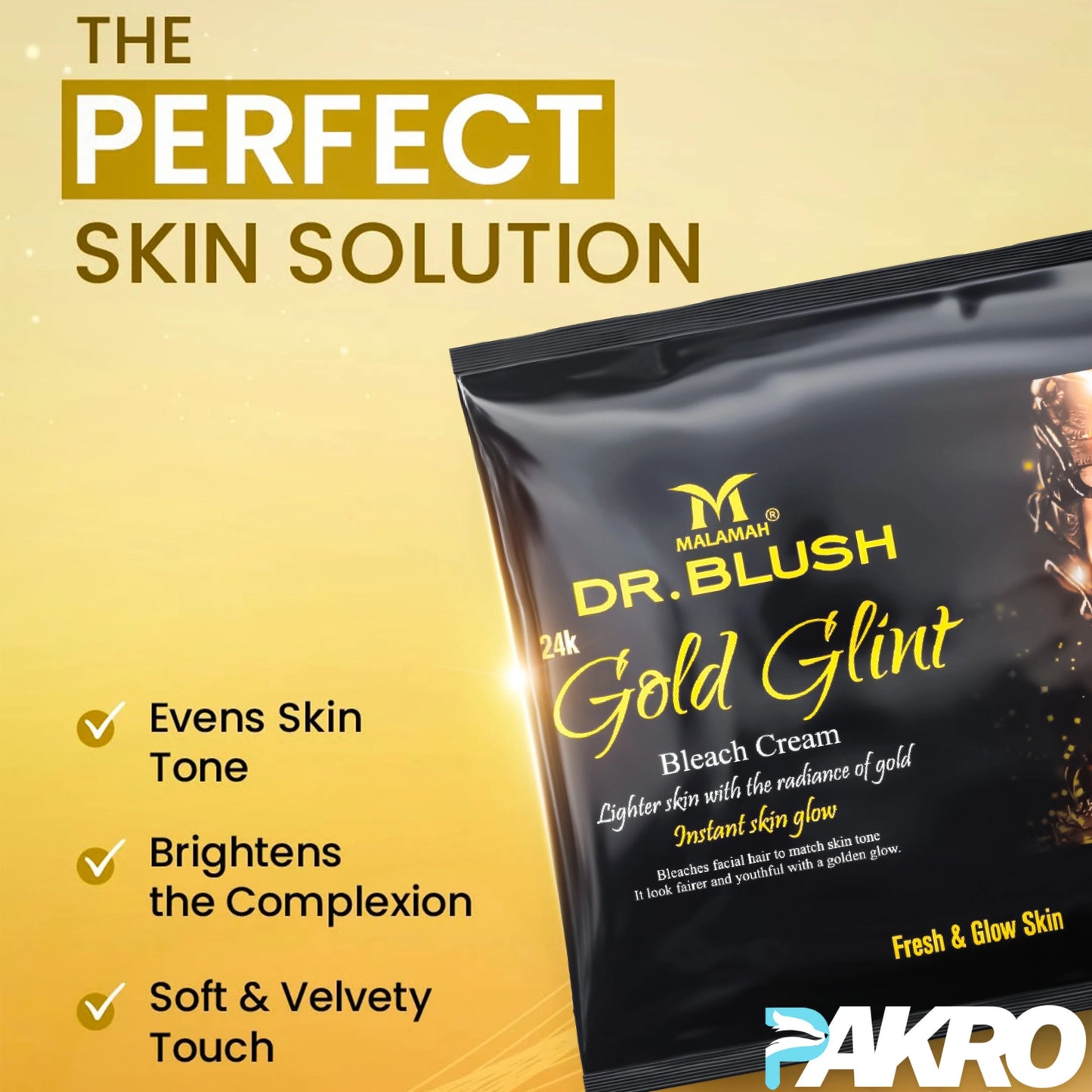 Dr. Blush Gold Glint bleach cream packaging with promotional text on a yellow background
