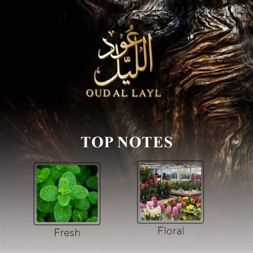 Advertisement for Oud Al Layl with top notes of fresh and floral elements on a dark background.