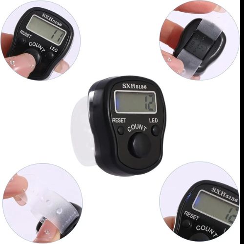 Digital finger pulse oximeter with close-up insets showing use on fingers. Digital 5-Digits Tally Finger Counter with Led & Box