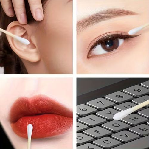 Collage of four images showing the use of cotton swabs for ear cleaning, eye makeup application, lip color correction, and keyboard cleaning.