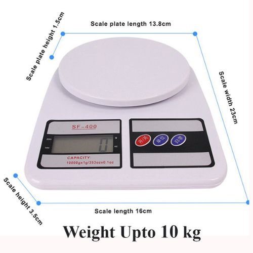 Digital kitchen scale with dimensions labeled on a white background