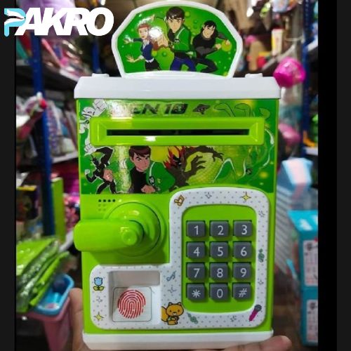 Electric Locker ATM Machine For Kids - Money Saving Box - Toy cash register with cartoon characters on a green background