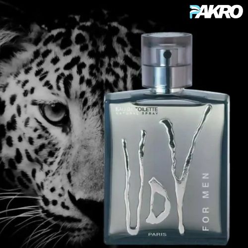 Perfume bottle for men with a leopard in the background and 'PAKRO' branding.