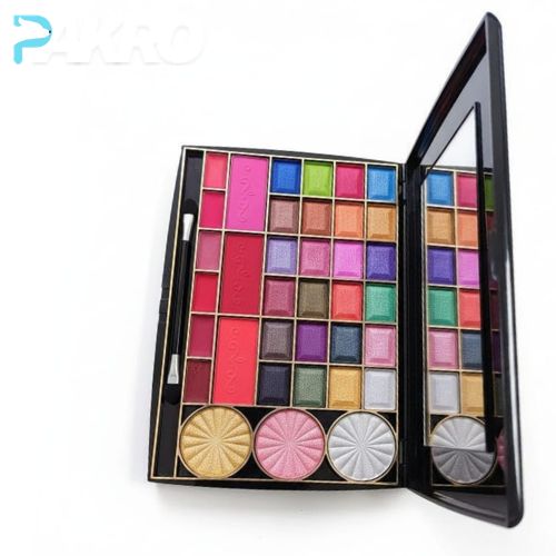 Makeup palette with colorful shades on a white background
