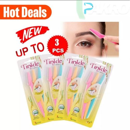 Packaging of Tinkle products with promotional text and a close-up of a person using one of the tools.