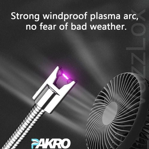 Plasma arc with wind protection feature and PAKRO branding on a dark background