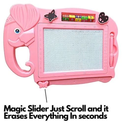 Pink electronic drawing board with elephant design on a white background. Children Sketchpad Cartoon LCD Writing Tablet - Educational Toy for Kids