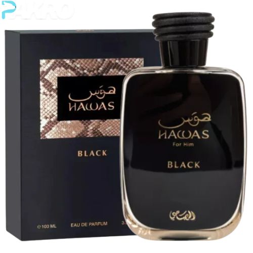 Black perfume bottle and packaging with 'Hawas' branding on a white background