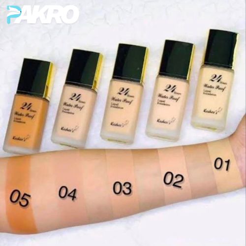Five bottles of 24-hour waterproof foundation with swatches on a arm, showing color variations.