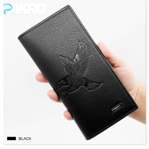 Black leather wallet with embossed design held in a hand against a white background