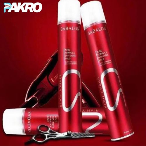 Red hair spray bottles with 'Sabalon' branding on a red background, featuring the brand 'PAKRO'.