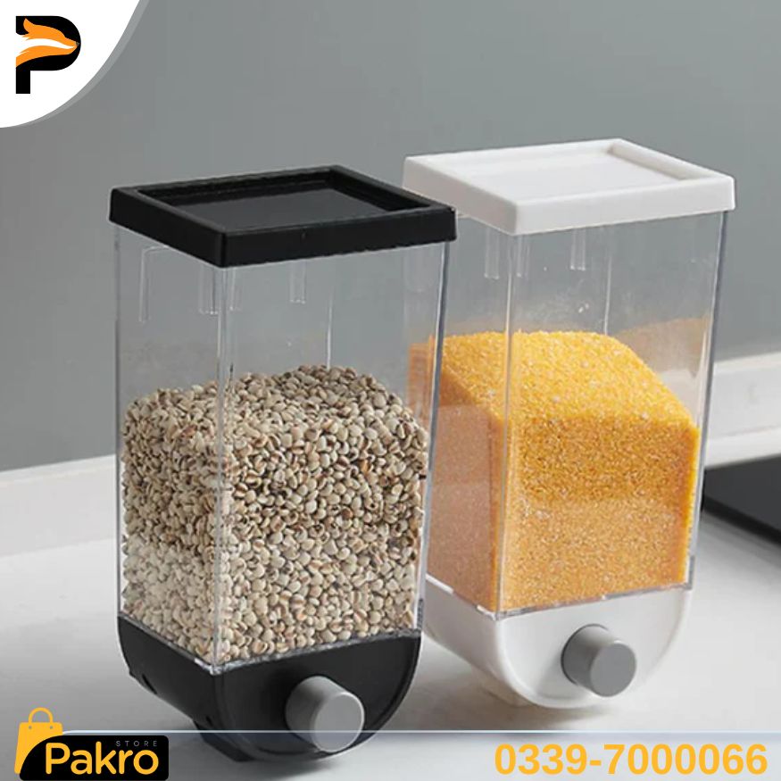 Two transparent kitchen storage containers with black and white lids filled with grains. Pakro Store