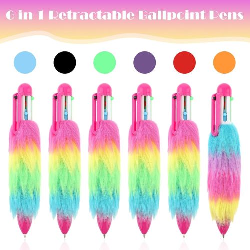 Set of 6 colorful retractable ballpoint pens with fluffy accents on a white background.