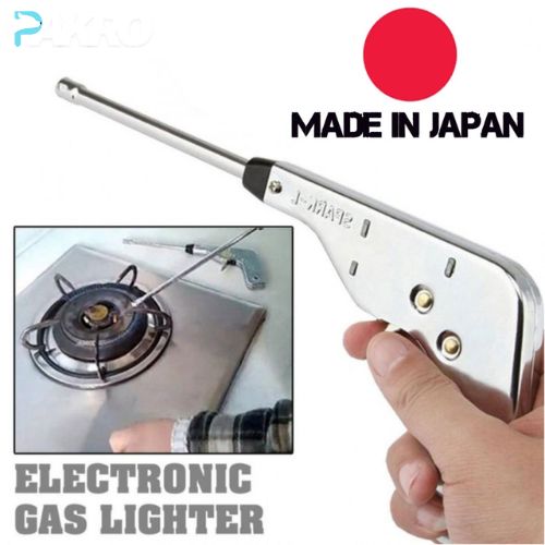 Electronic gas lighter held by a hand with 'Made in Japan' label and inset showing use on a stove.