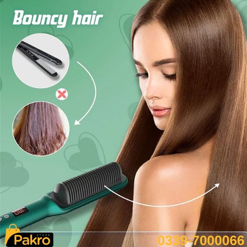 Woman with straight hair using a hair straightener, with 'Bouncy hair' text and Pakro branding.