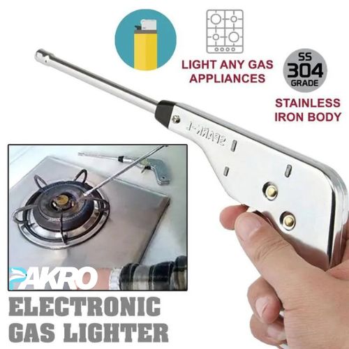 Electronic gas lighter being used to light a gas stove, with branding and product details displayed.