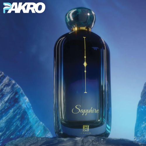 Blue bottle labeled 'Sapphire' with gold accents on a blue background, featuring the brand 'PAKRO'.