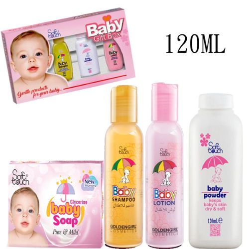 Baby care product set including shampoo, lotion, soap, and a gift box with 'Soft Touch' branding. Pakro tore