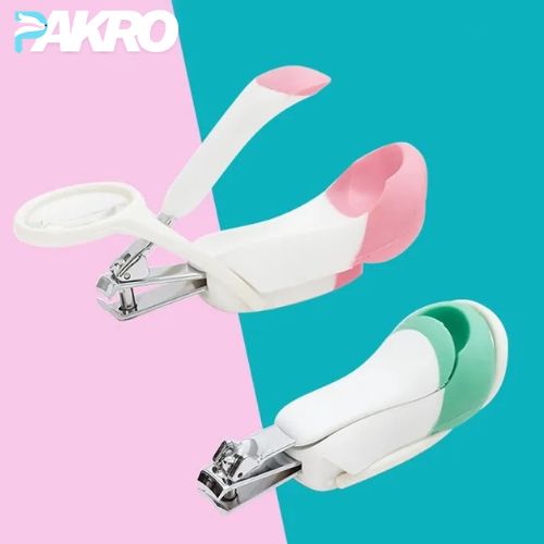 Nail clippers on a colorful background with 'PAKRO' branding. Baby Nail Clipper with Magnifier Zoom Lens, Safety Nail Cutter