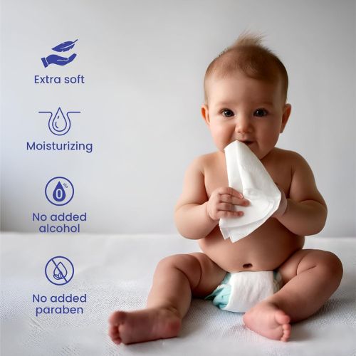 Baby holding a diaper with product features listed on a light gray background. Baby Wet Wipes with Lid – Alcohol-Free & Hypoallergenic