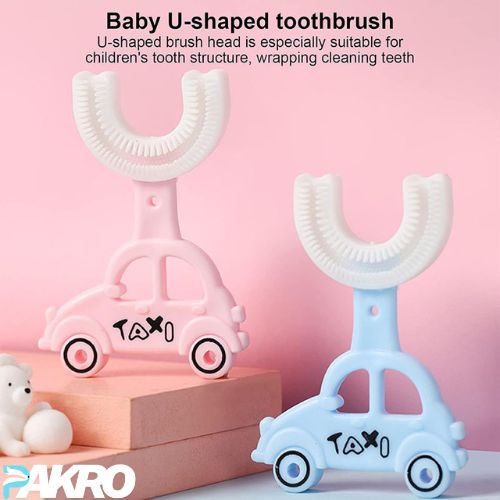 Two U-shaped baby toothbrushes in car designs on a pink background with text about their suitability for children's teeth.