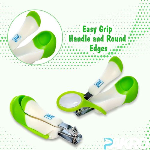 Green and white nail clippers with easy grip handles on a white background