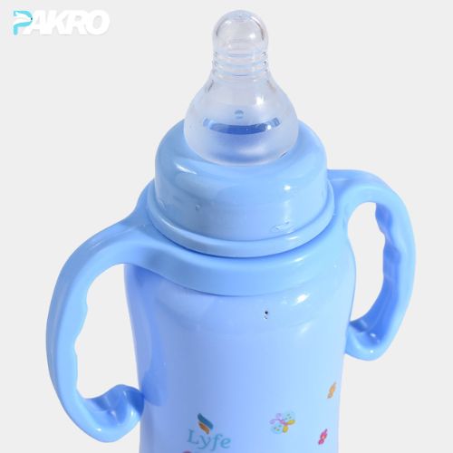 Lyfe Baby Plastic Feeding Bottle 9Oz | 280ml - Blue baby bottle with handles on a white background