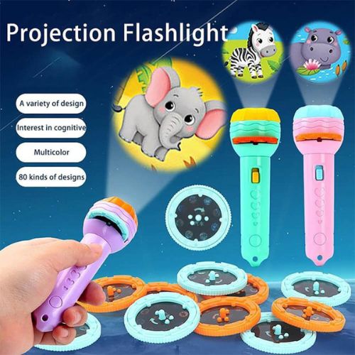 Mini Slide Projector Toy For Kids With With Image Reels - Projection flashlight with animal projections and colorful design on a dark blue background