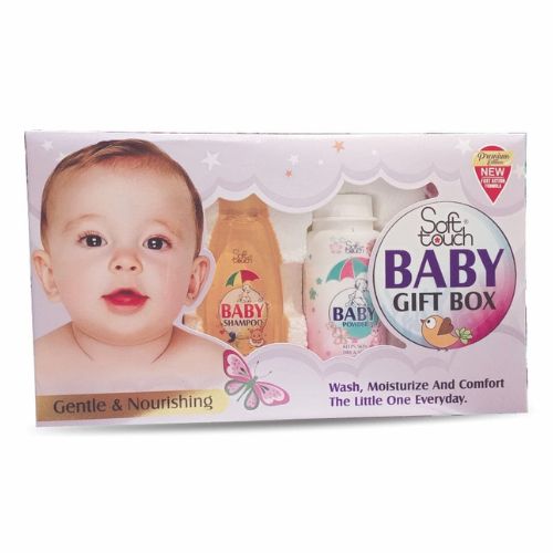 Soft Touch Baby Care Large Gift Box Kit Pack Of 4 Baby Kit - Baby gift box with Soft Touch branding featuring a baby's face and products on a white background.