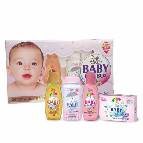 Soft Touch Baby Care Large Gift Box Kit Pack Of 4 Baby Kit - Baby product set with Soft Touch Baby Box packaging featuring a baby's face. Pakro Store