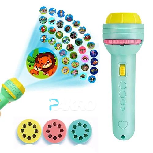 Toy microphone with animal-themed buttons and projection on a white background