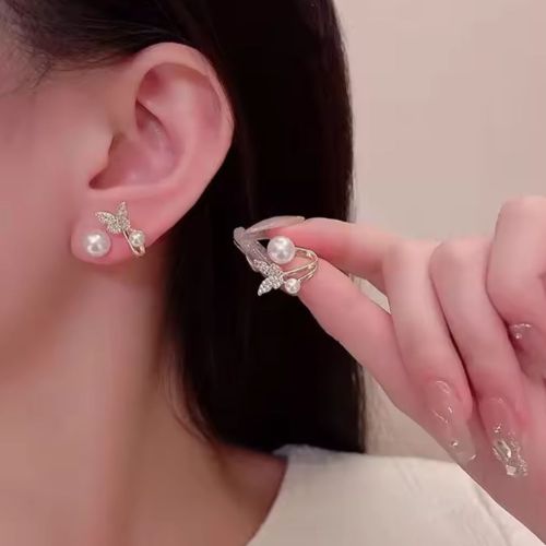 Golden - Butterfly Pearl Korean Earrings - AXJ-161