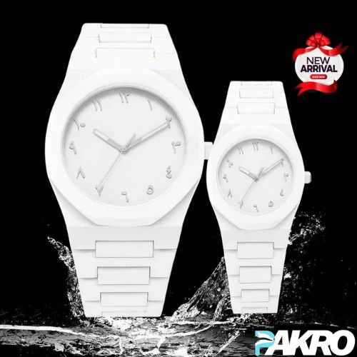 Two white watches with water splash design and 'PAKRO' branding on a black background.