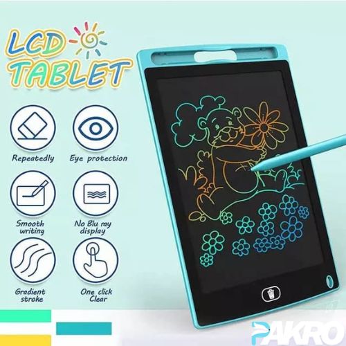 LCD tablet with drawing on a light blue background, featuring text and icons about tablet features.