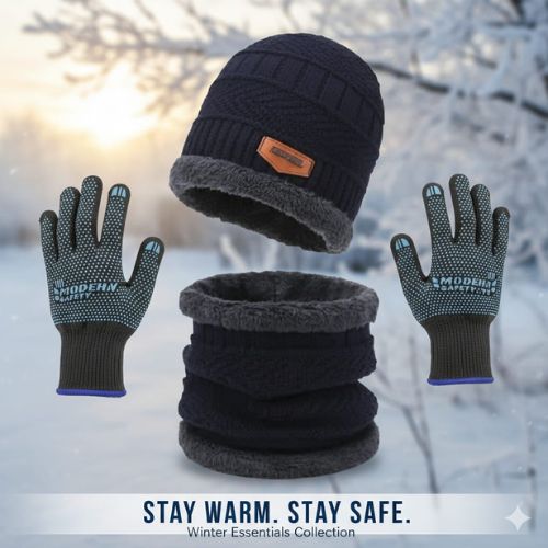 Premium Knitted Beanie Cap, Neck Gaiter And Touchscreen Gloves Combo Pack